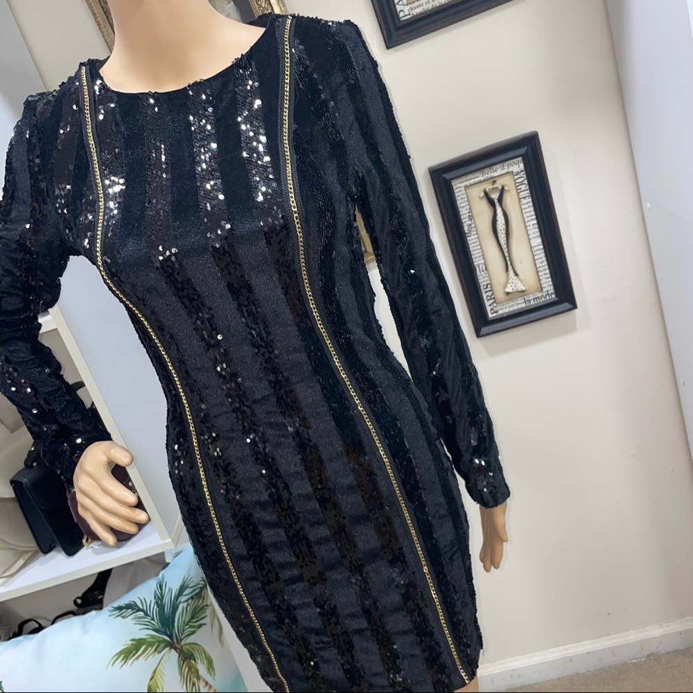 Xtaren NWT! Black Velvet Sequin Striped Chain Long Sleeve Stretchy Mini Dress - Picture 5 of 14